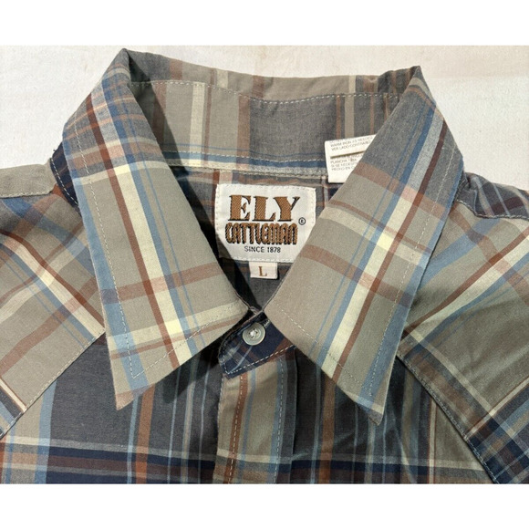 Ely Cattleman Pearl Snap Western Shirt Men's L Gray Plaid Short Sleeve Pockets - Picture 3 of 7